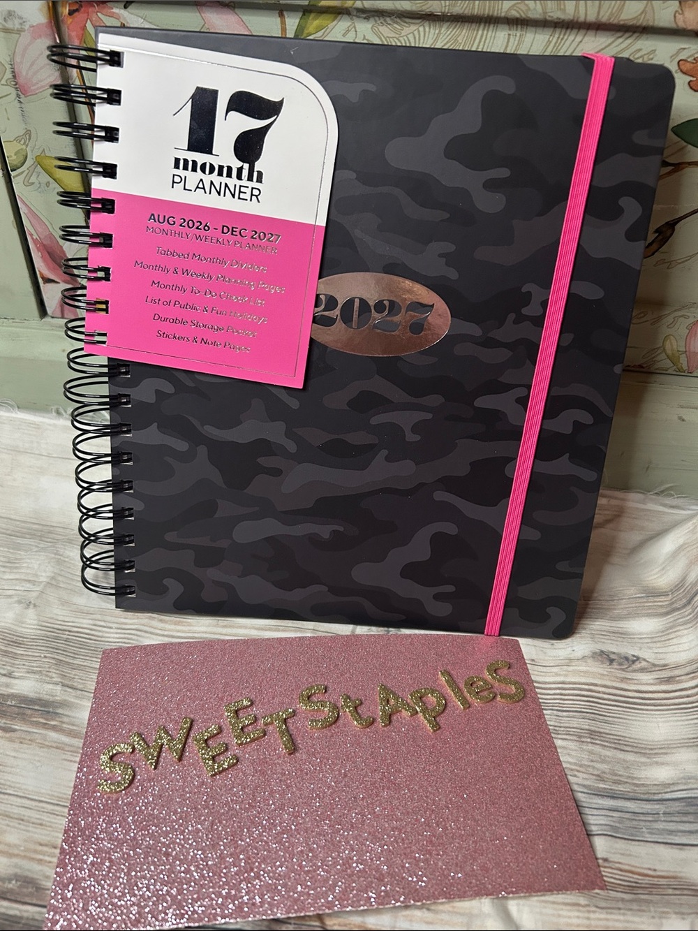 2027 17-Month Planner Spiral Notebook - Black Camouflage Pink Camo